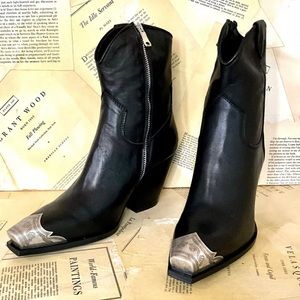 Free People Brayden Western Boot Black Leather Pewter Etched Tip